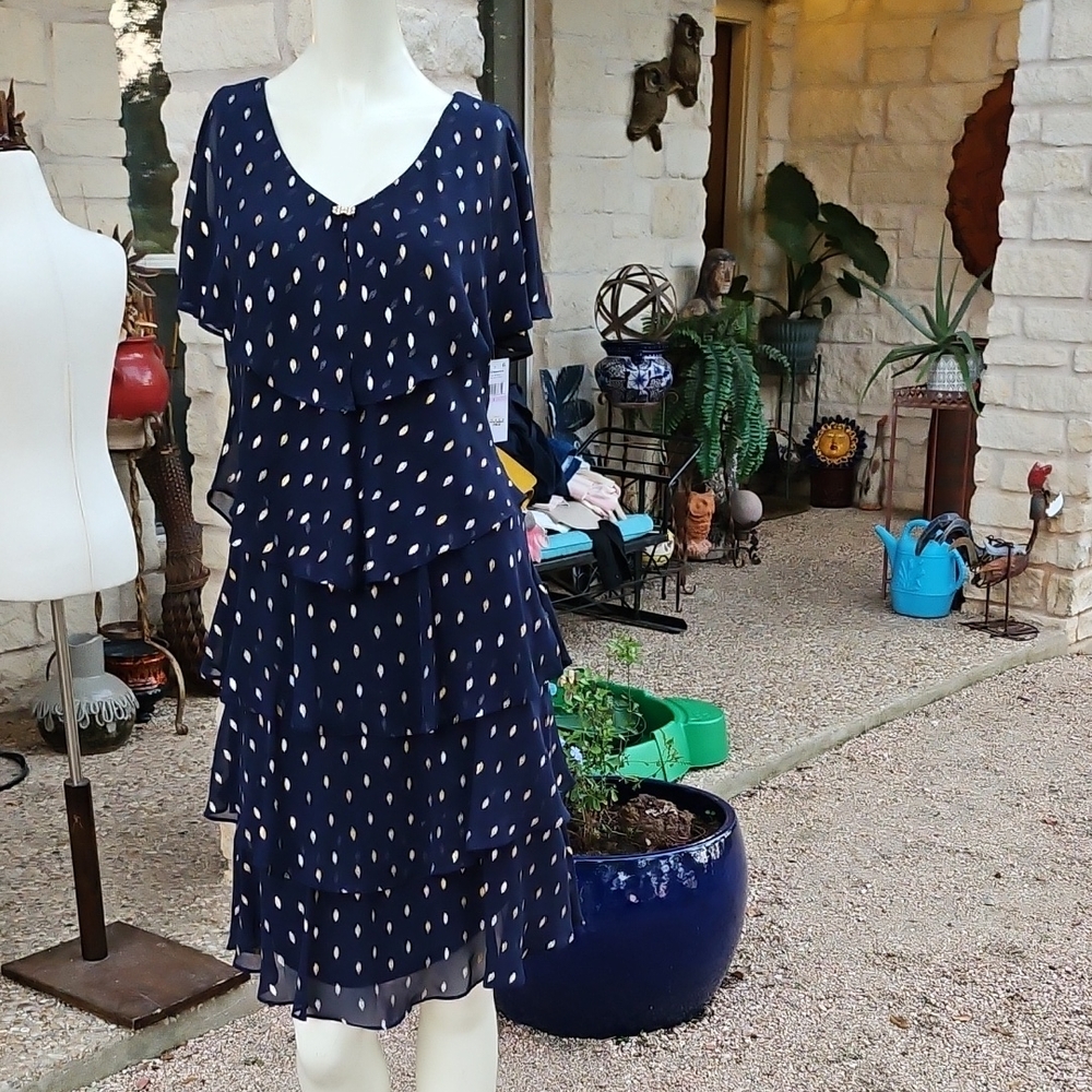 New W Tag Ignite Evenings Navy & Gold Tiered Frill Dress Size 6